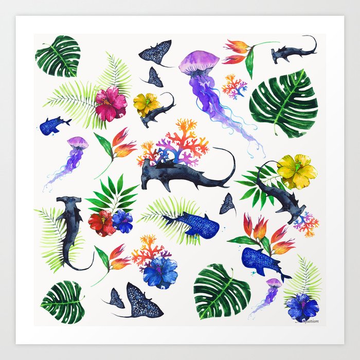 tropical shark pattern Art Print