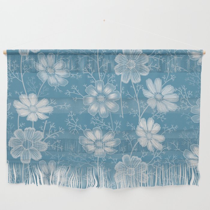 Minimalist Blue Floral Lineart Flowers and Leaves Wall Hanging