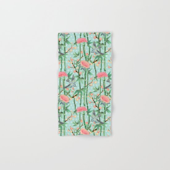 Bamboo, Birds and Blossom - soft blue green Hand & Bath Towel