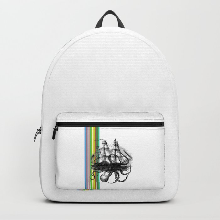 Kraken Attacking ship on Colorful Stripes Backpack