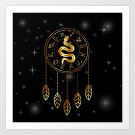 Dreamcatcher Zodiac symbols astrology horoscope signs with mystic snake in gold Art Print