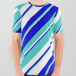 [ Thumbnail: Turquoise, White, and Blue Colored Striped/Lined Pattern All Over Graphic Tee ]