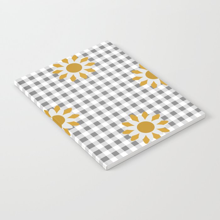 Gray Beige Colored Checker Board Effect Grid Illustration with Yellow Mustard Daisy Flowers Notebook
