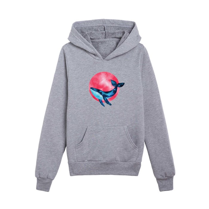 Watercolor blue galaxy whale with pink bubble Kids Pullover Hoodie