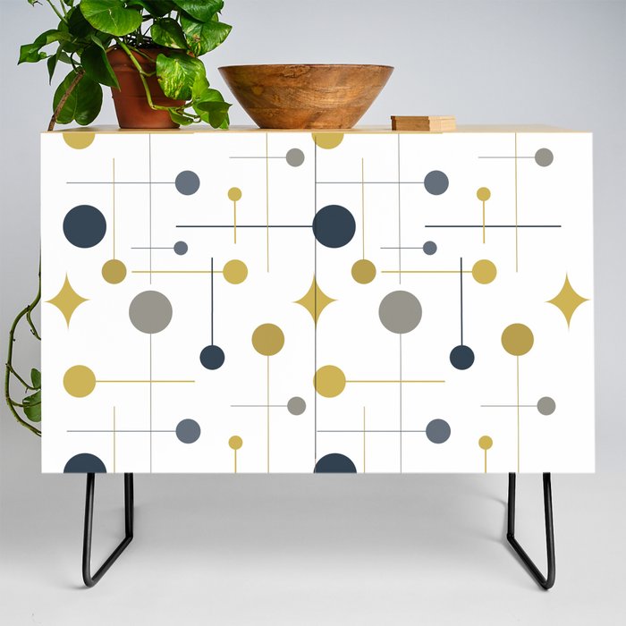 Mid Century Modern Abstract Retro Vintage Style Mustard, Navy and Grey Credenza