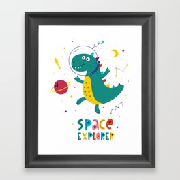 Funny dinosaur in space. Dinosaur astronaut. Framed Art Print