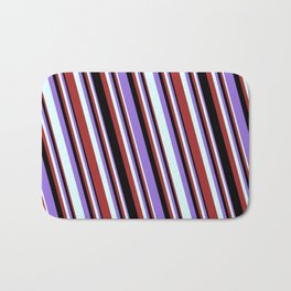 [ Thumbnail: Purple, Light Cyan, Brown, and Black Colored Striped/Lined Pattern Bath Mat ]