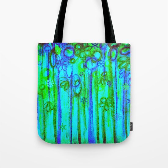 WINTER GARDEN -Bright Blue Green Neon Snowflake Floral Abstract Watercolor Painting and Digital Art Tote Bag