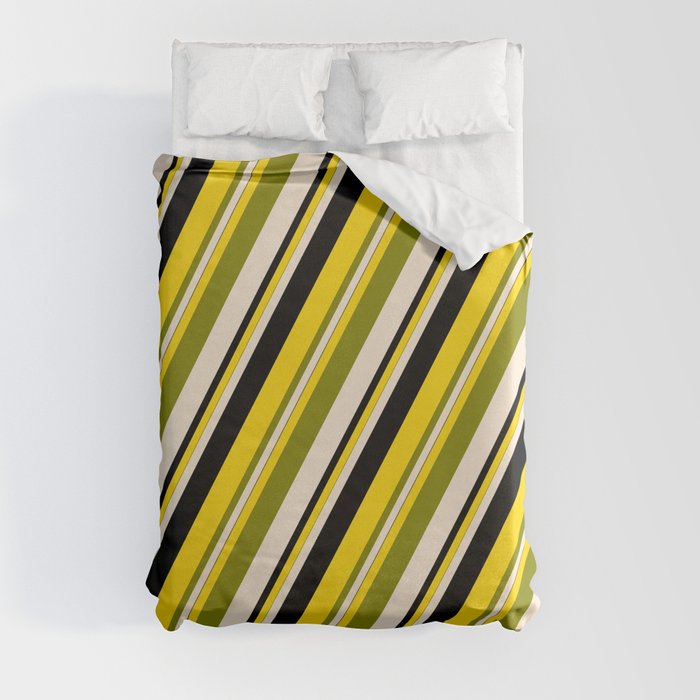 Yellow, Green, Beige, and Black Colored Lines/Stripes Pattern Duvet Cover