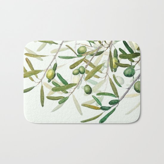 Green Olive watercolor painting Bath Mat