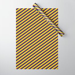 [ Thumbnail: Yellow, Chocolate, and Dark Blue Colored Pattern of Stripes Wrapping Paper ]