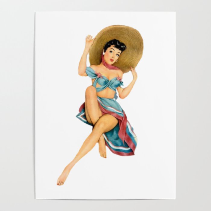 Sexy Brunette Pin Up With Straw Hat Red And Blue Vintage Dress Poster