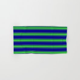 [ Thumbnail: Dark Blue and Lime Green Colored Stripes/Lines Pattern Hand & Bath Towel ]