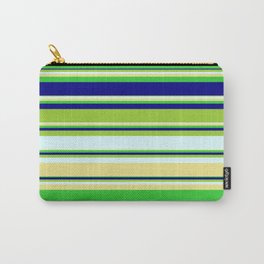 [ Thumbnail: Vibrant Green, Light Cyan, Tan, Lime Green & Blue Colored Stripes/Lines Pattern Carry-All Pouch ]