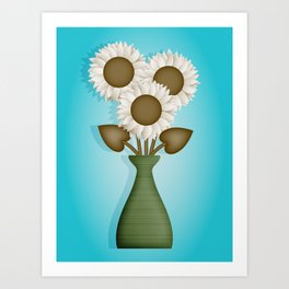 White and Brown Modern Sunflowers in Green Vase // Turquoise Blue Background Art Print