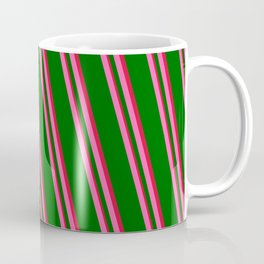 [ Thumbnail: Hot Pink, Dark Green & Crimson Colored Lines Pattern Coffee Mug ]
