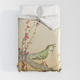 Songbird on peach tree - Vintage Japanese Woodblock Print Art Duvet Cover