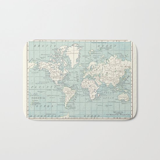 World Map in Blue and Cream Bath Mat