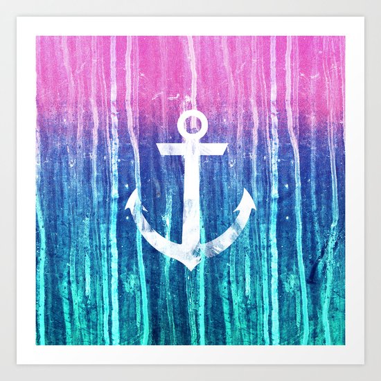 Nautical Anchor Pink Teal Watercolor Stripes Drips Art Print by Girly ...