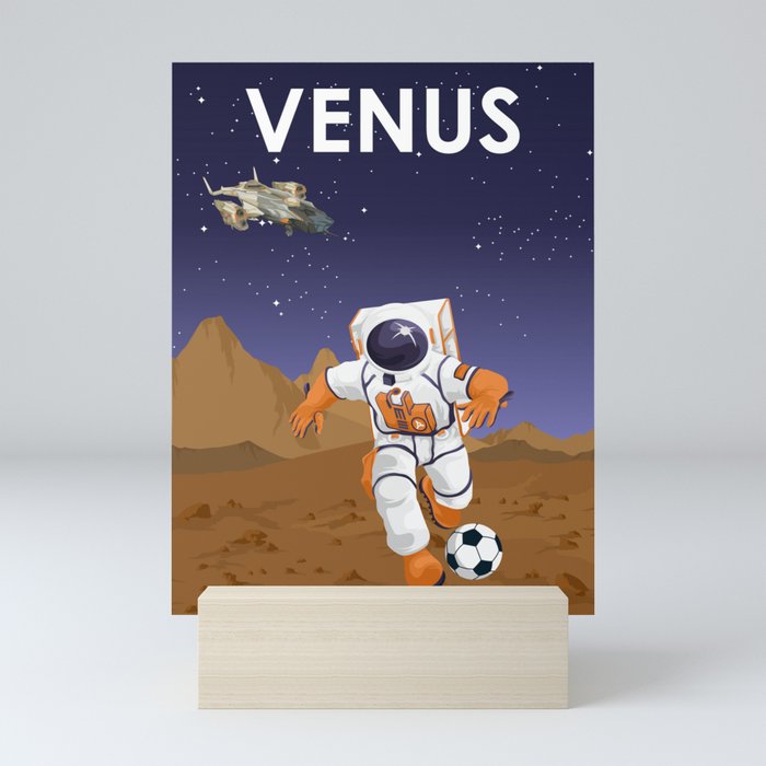Venus Astronaut Playing Soccer or Football Travel Poster Mini Art Print