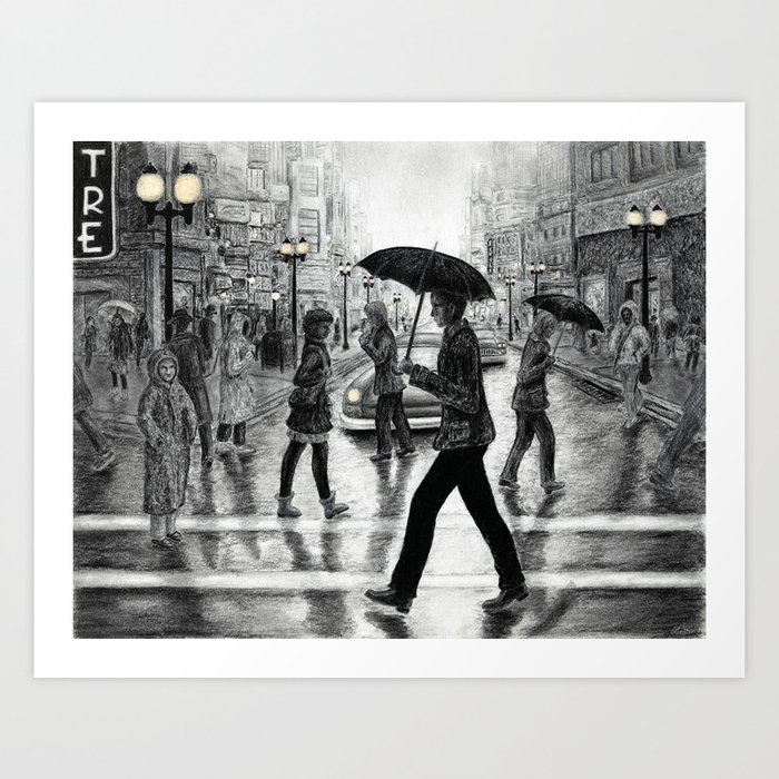 No AI. untitled charcoal drawing on paper 11x14- rainy day, cityscape Art Print