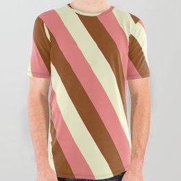 [ Thumbnail: Light Coral, Brown & Light Yellow Colored Lined/Striped Pattern All Over Graphic Tee ]
