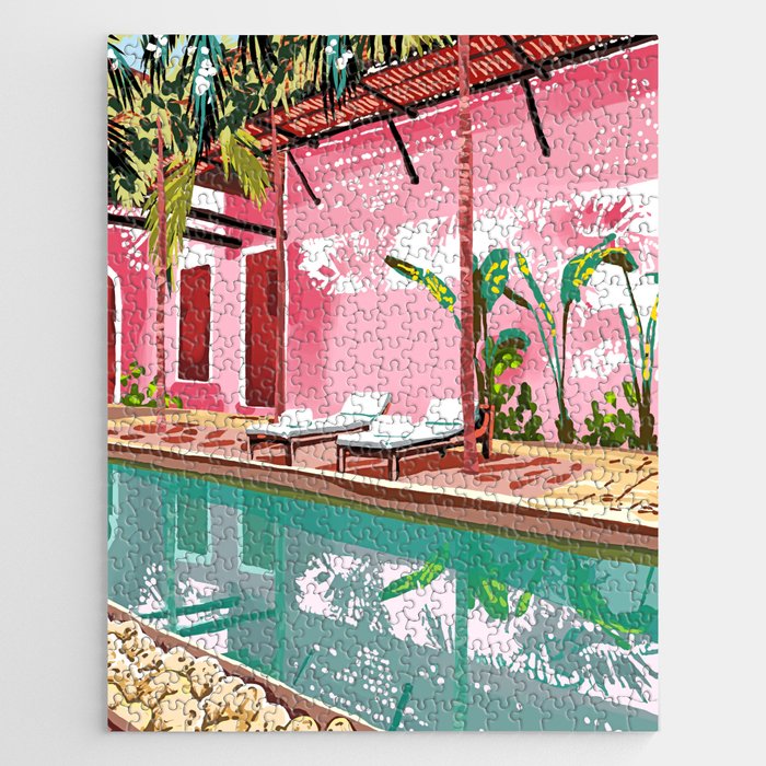 Vacay Villa | Blush Pink Summer Architecture | Tropical Travel Building | Palm Bohemian Resort Jigsaw Puzzle