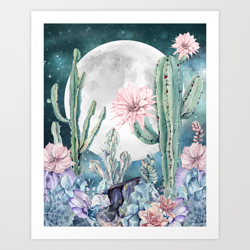 Desert Cactus Full Moon Succulent Garden Night Sky Stars Art Print