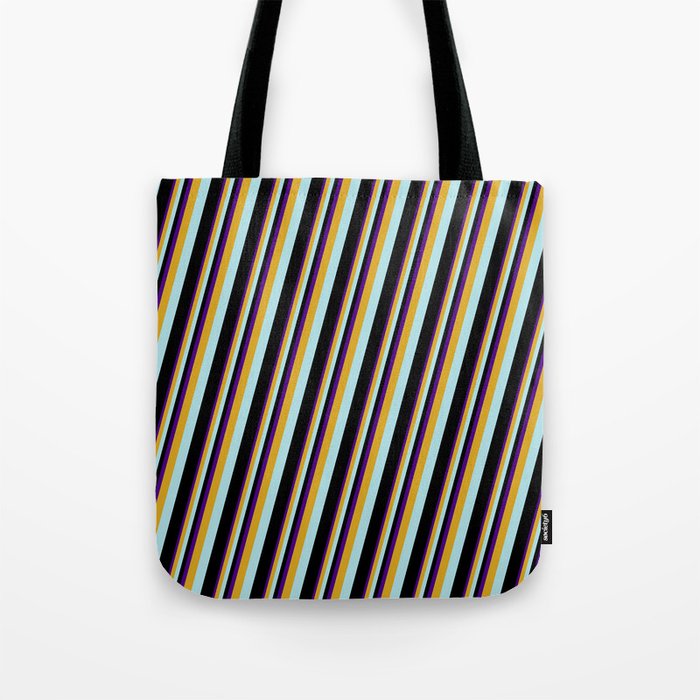 Indigo, Goldenrod, Powder Blue & Black Colored Lines Pattern Tote Bag