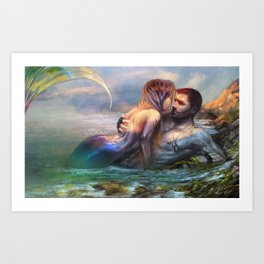 Take my breath away - Mermaid in love with soldier on the beach Art Print