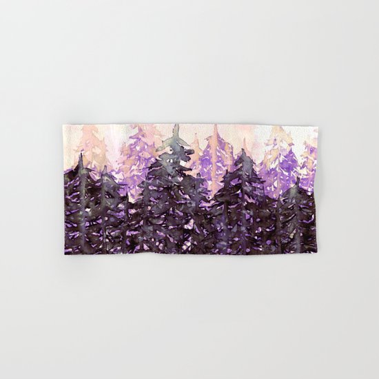 NORTHWEST VIBES Colorful Watercolor Painting Forest Trees Violet Green Modern Nature Art West Coast Hand & Bath Towel