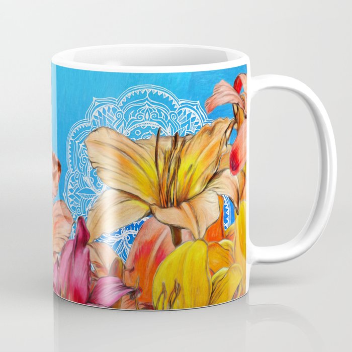 Orange Lilies & White Mandala on Blue Coffee Mug
