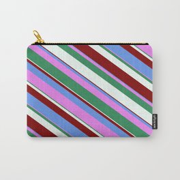 [ Thumbnail: Vibrant Cornflower Blue, Violet, Sea Green, Mint Cream & Maroon Colored Lined Pattern Carry-All Pouch ]