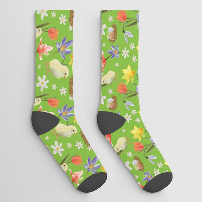 Colorful pattern with easter chicks, easter nests, tulips, daffodils, crocuses, wood anemones Socks