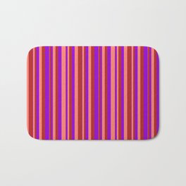 [ Thumbnail: Dark Violet, Salmon & Red Colored Stripes/Lines Pattern Bath Mat ]