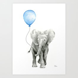 Baby Animal Elephant Watercolor Blue Balloon Baby Boy Nursery Room Decor Art Print