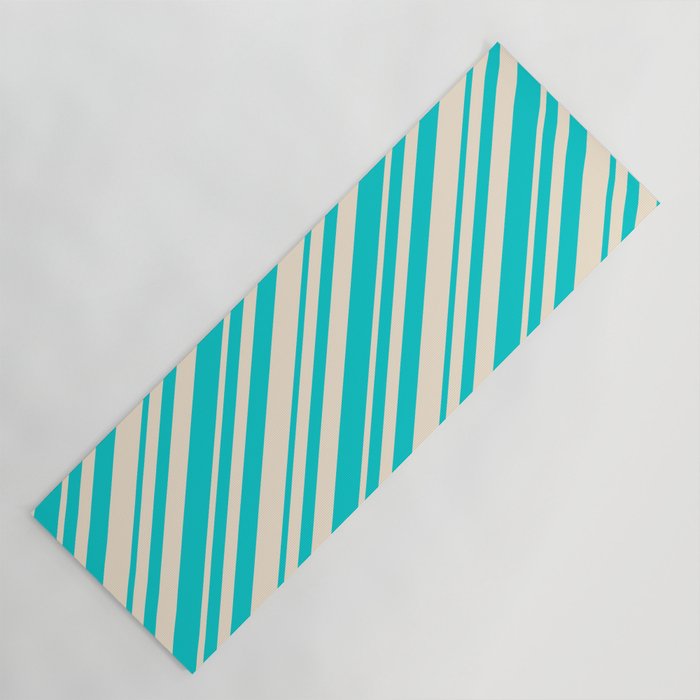 Dark Turquoise and Beige Colored Stripes Pattern Yoga Mat