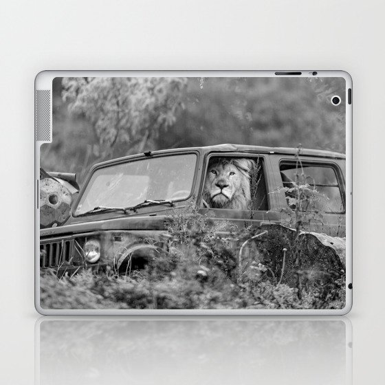 Baby, you can drive my car; lion out for a drive in a Cherokee funny black and white photograph - photography - photographs by Tambako the Jaguar Laptop & iPad Skin