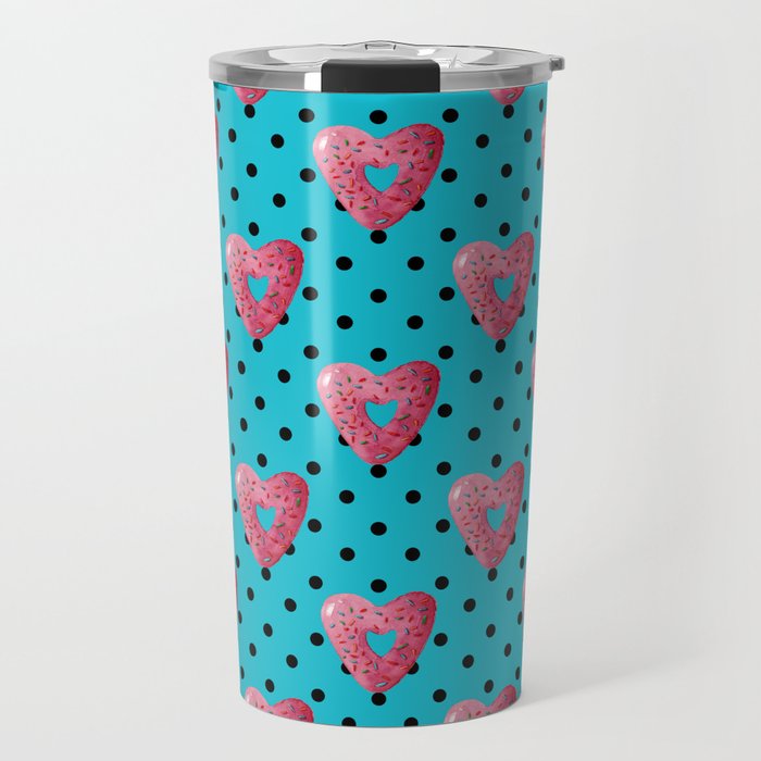 Pink plaid watercolor heart shaped donuts with polka dots on blue background Travel Mug