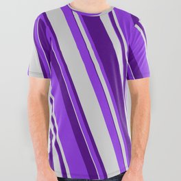 [ Thumbnail: Purple, Light Gray & Indigo Colored Stripes/Lines Pattern All Over Graphic Tee ]