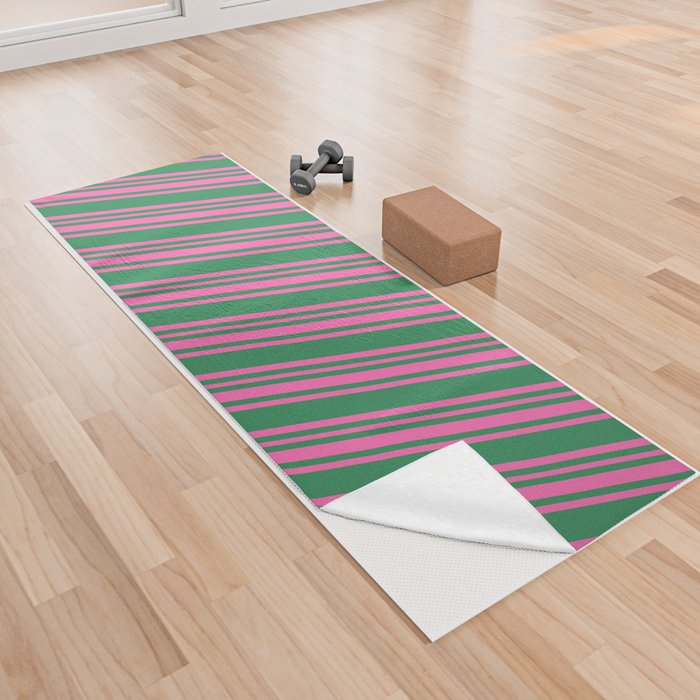 Sea Green and Hot Pink Colored Lines/Stripes Pattern Yoga Towel
