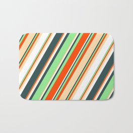 [ Thumbnail: Light Green, Red, Tan, White, and Dark Slate Gray Colored Striped Pattern Bath Mat ]