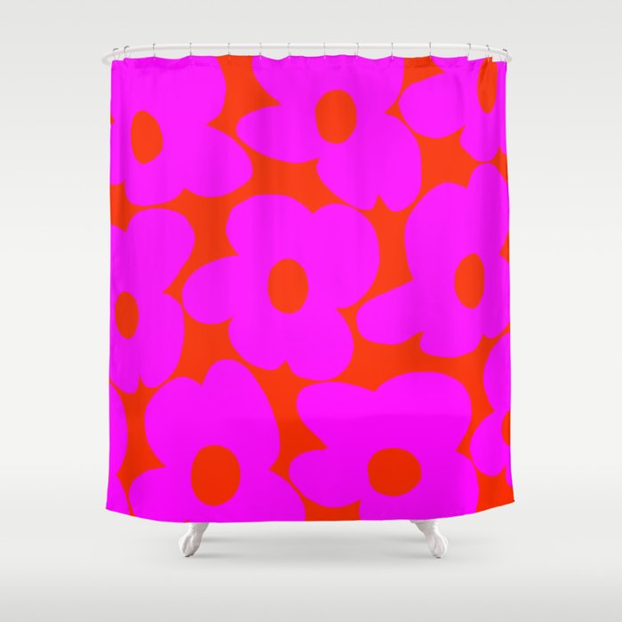 Pink Retro Flowers Orange Red Background #decor #society6 #buyart Shower Curtain