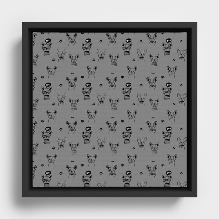 Grey and Black Hand Drawn Dog Puppy Pattern Framed Canvas