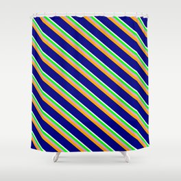 [ Thumbnail: Mint Cream, Lime, Plum, Orange, and Blue Colored Lined Pattern Shower Curtain ]