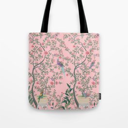 Chinoiserie Pink Fresco Floral Garden Birds Oriental Botanical Tote Bag