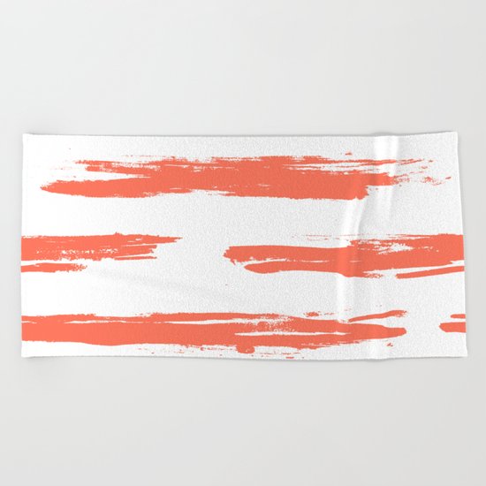Brushed Stripe Deep Coral on White Beach Towel