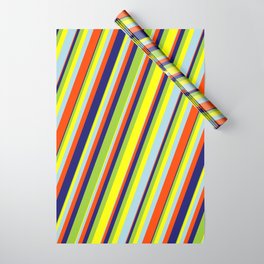 [ Thumbnail: Eye-catching Green, Yellow, Light Blue, Red & Midnight Blue Colored Lines/Stripes Pattern Wrapping Paper ]