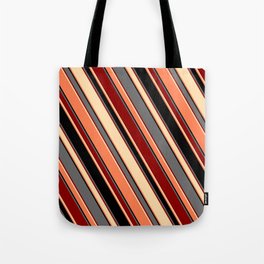 [ Thumbnail: Eye-catching Dim Grey, Dark Red, Tan, Coral, and Black Colored Striped Pattern Tote Bag ]
