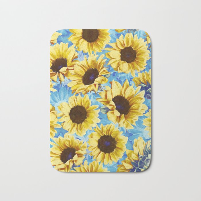Dreamy Sunflowers on Blue Bath Mat